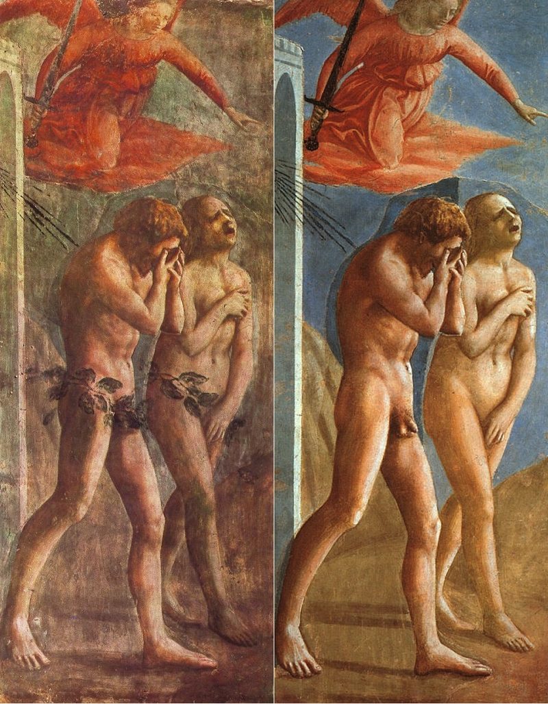 The Expulsion from the Garden of Eden, by Masaccio: Adam hides his face and Eve cries out as they walk out of the gate.