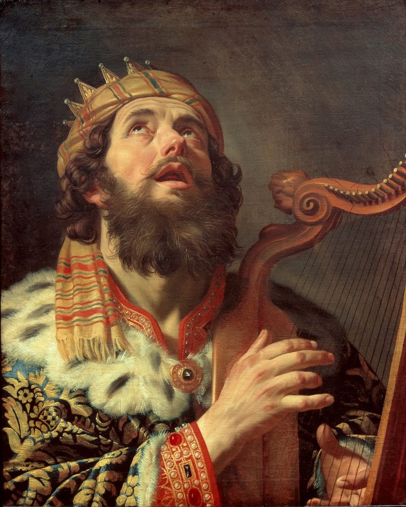 King David Playing the Harp, by Gerard van Honthorst: the king, crowned, looks up as he plays.
